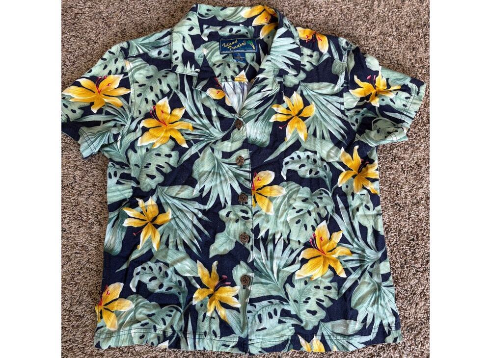 Vintage Island Traders Hawaiian Aloha Shirt Tropical Floral Navy Blue Womens S